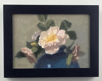 Antique Roses in Round Cobalt Vase