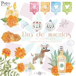 Day of the Dead watercolors, images for invitations, cards, skulls, tequila, agave, clipart watercolors, Xoloitzcuintle, cempasuchil