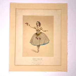 Ballerina Antique Etching Original Hand colored Marie Taglioni as Satanella Ballet 1859 Germany