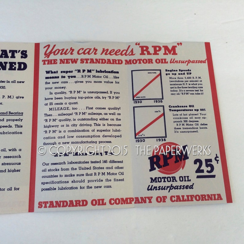 Vintage Standard Oil of California RPM MotorOil Brochure Advertising 1940/'s