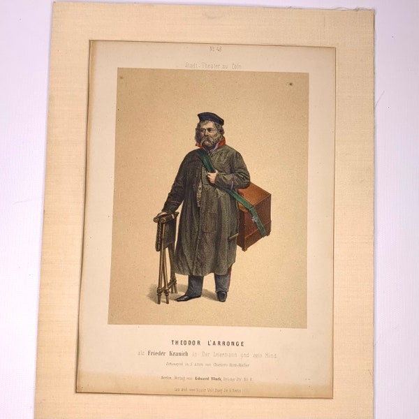 Original Hand colored Etching Actor and Comedian Theodor Larronge As Frieder Kranich in “Der Leiermann and his child” 1859 Berlin
