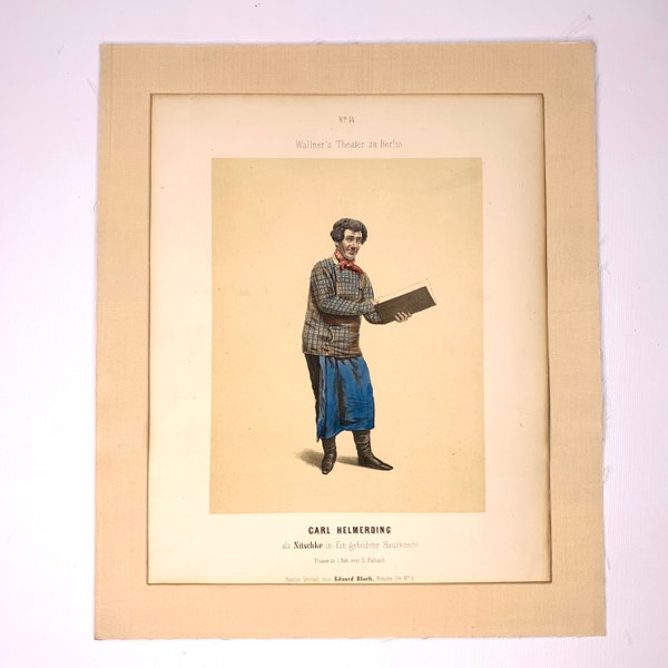 Comedian Karl Heinrich Hand colored Antique Original Etching 1859 Berlin