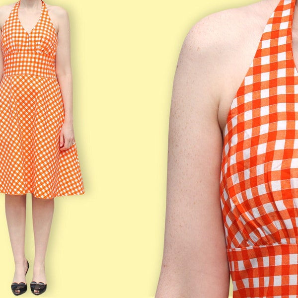 70 s Orange Gingham Backless Dress - Fit & Flare Brigitte Bardot Romantique Dress - Lilly Pullitzer Preppy Hamptons Dress - Robe à carreaux