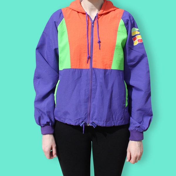 90s Purple, Orange and Green Fluo Windbreaker - Vaporwave Club Kid Neon Kway - Unisex Colorblock Rain Jacket - Aesthetic Hip Hop Windbreaker