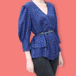 80s Blue Roses Peplum Blouse - Romantic Black & Klein Blue Floral Blouse - Half Puff Sleeves Bucolic Blouse - Button-Up Glam Dynasty Blouse