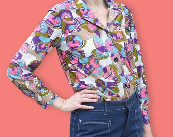 70s Novelty Multicolor Psychedelic Blouse - Hippie Woodstock Biba Shirt - Abstract Floral Print Blouse - Flower Power Pucci Like Blouse