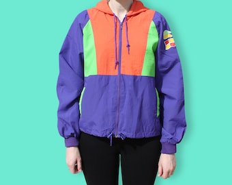 Giacca a vento Fluo viola, arancione e verde anni '90 - Vaporwave Club Kid Neon Kway - Giacca antipioggia Unisex Colorblock - Giacca a vento Hip Hop estetica