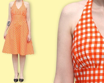 70s Orange Gingham Backless Dress - Fit & Flare Brigitte Bardot Romantique Dress - Lilly Pullitzer Preppy Hamptons Dress - Checkered Dress