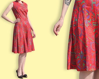 70s Kaleidoscope Fit & Flare Sleeveless Dress - Red Green Purple Psychedelic Aztec Print Dress - Colorblock floral geometric Biba dress