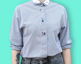 90s Navy & White Gingham Shirt - Preppy Peter Pan Collar Shirt - Embroidered Hipster Picnic Blouse - Checkered Romantic Pin-Up Shirt