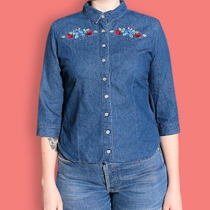 anni &#39; 90 romantico paese camicia Jean blu - tasto Up Camicia Denim occidentale - Rodeo floreale flauto componibile maniche camicia ricamata camicia Denim-