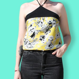 90s Y2k Yellow Black White Neck Tie Top - Novelty Fashion History & Floral Print Halter Top - Satin Halter Neck Top - Clueless Strapless Top