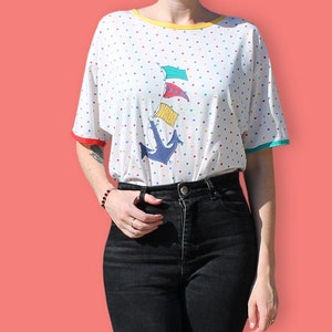 90s Colorful Polka Dots Tee-Shirt - Green Yellow Red & Blue Colorblock T-shirt - Multicolor Kawaii Club Kid Tee - Fun Beach Summer T-Shirt