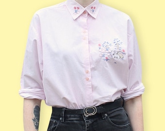 90s Pastel Pink Gingham Shirt - Preppy Embroidered Rabbits Shirt - Checkered Romantic Picnic Blouse - Embroidered Collar Pin-Up Blouse