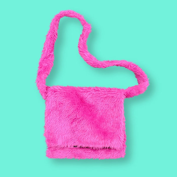 90s Pink Furry Shoulder Bag - Club Kid Nu Rave Neon Bag - Fluo Pink Faux Fur Shoulder Bag - Punk Rave Fluffy Bag - Cyber Goth Fuzzy Bag