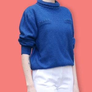 80er Jahre Royal Blue Angora Perlen Pullover - Glam stricken Chunky Pullover - geschwollene Ärmel & Scalloped Kragen Pullover - Fuzzy Kitsch Slouchy Pullover