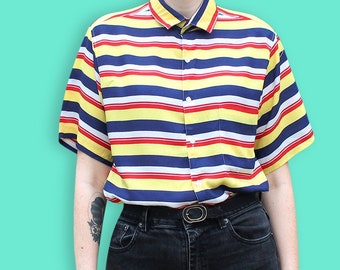 90s Colorblock Striped Shirt - Yellow Red White & Blue