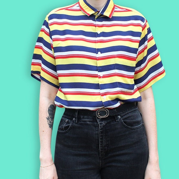 90s Colorblock Striped Shirt - Yellow Red White & Blue Horizontal Stripes Shirt - Primary Colors Oxford Shirt - Avant Garde Candy Stripes