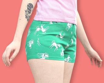 Mini pantalones cortos de jean verdes de los años 90 - pantalones cortos estampados de unicornio Club Kids - pantalones cortos de mezclilla Micro Vaporwave - pantalones cortos Cyber Punk Rave, pantalones cortos femeninos despistados