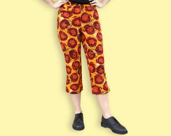 90s Marsupilami Capri broek - oranje & bruin Cartoon linnen broek - hoge taille Club Kid dierlijke Print broek - Novelty afdrukken Vaporwave Capri