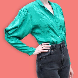 80s Green Marbled Jacquard Blouse - Puff Sleeves Shimmering Secretary Blouse - Romantic Mao Collar Satin Blouse, Avant Garde Silky Blouse