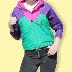 90s Green, Purple & Pink Unisex Windbreaker - Colorblock Neon Club Kid K-Way - Aesthetic Hip-Hop K-Way - Geometric Vaporwave Fluo Rain Coat