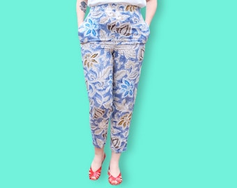 años 90 Paisley casual pantalones - corbata azul & Die pantalones cómodos Boho - Hippie Gipsy cintura Festival pantalones elásticos - étnico batik indio Capri pantalones