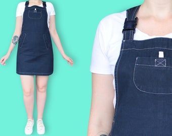 90s Denim Overalls Dress - Normcore Dark Blue Jean Dress - Minimalist Basic Dungaree Denim Dress - Grunge Pinafore Dress - Jumper Dress