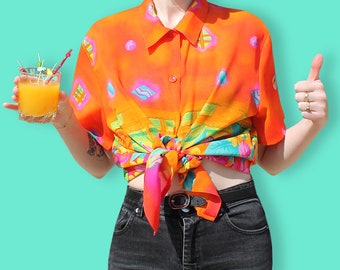 90s Tropical Sheer Shirt - Neon Barkcloth Chiffon Shirt - Hawaiian Flowers Print Holidays Shirt - Unisex Loose Fitting Summer Beach Shirt