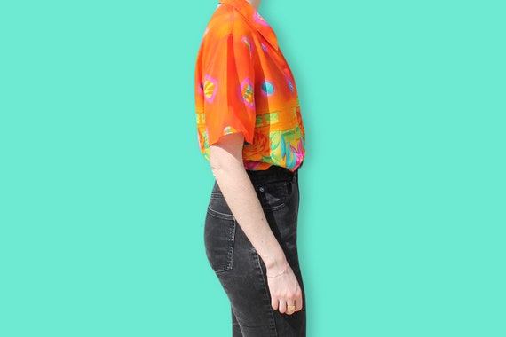90s Tropical Sheer Shirt - Neon Barkcloth Chiffon… - image 4