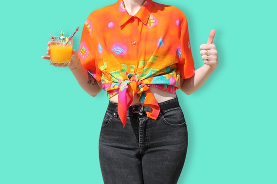 90s Tropical Sheer Shirt - Neon Barkcloth Chiffon… - image 1