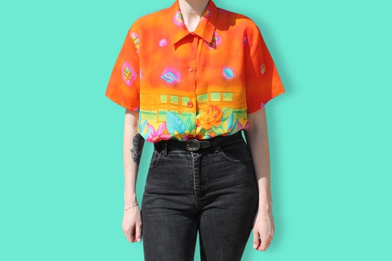90s Tropical Sheer Shirt - Neon Barkcloth Chiffon… - image 2