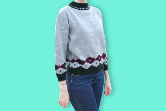 70s Gray Green Burgundy Sweater - Mock Neck Lozen… - image 3