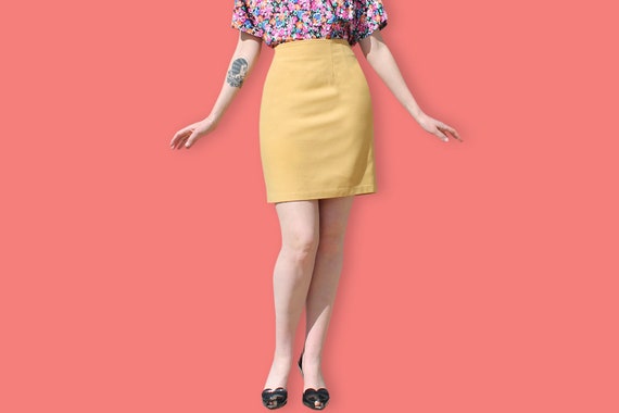 80s Yellow Mini Pencil Skirt - Office Mini Sheath… - image 3