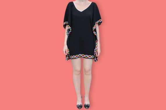 80s Mini Beach Caftan Dress - Black & Rainbow Cro… - image 2