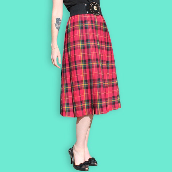 Jupe Kilt Rouge Midi années 90s - Plis accordéon Jupe Tartan Grunge - Jupe Plaid Écossaise Taille Haute - Jupe Midi Punk - Jupe à carreaux Clueless