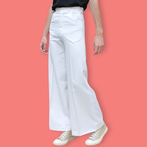 Bengalas blancas unisex de los años 70 - Pantalones Boho con fondo de campana de cintura alta - Pantalones acampanados disco - Pantalones de piernas anchas Woodstock - Pantalones Hippie Palazzo