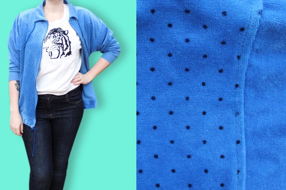 90s Aesthetic Velvet Jacket - Polka Dot Print Blu… - image 5