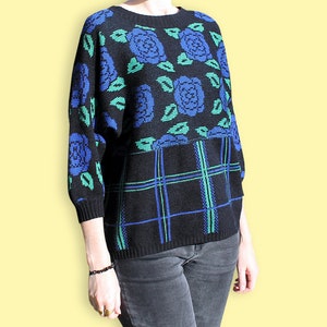 90s Blue Black & Green Roses and Tartan Sweater - Ugly Hipster Sweater - Romantic Plaid Jacquard Sweater - Grunge Knit Jumper - Glam Sweater