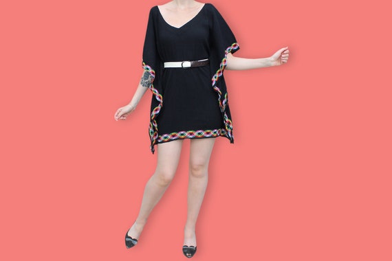 80s Mini Beach Caftan Dress - Black & Rainbow Cro… - image 7