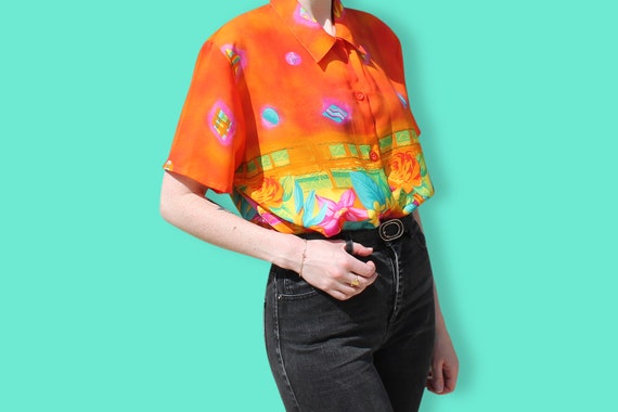 90s Tropical Sheer Shirt - Neon Barkcloth Chiffon… - image 3