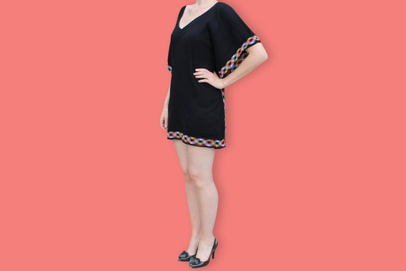 80s Mini Beach Caftan Dress - Black & Rainbow Cro… - image 3