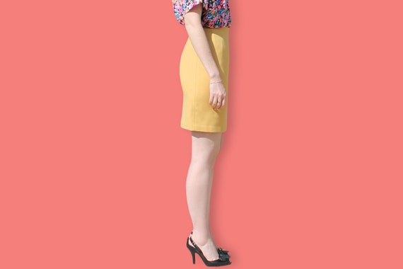 80s Yellow Mini Pencil Skirt - Office Mini Sheath… - image 5