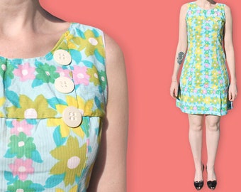 60s Flower Print Babydoll Dress - Fitted Sleeveless Floral Mod Dress - Multicolor Bold Flower Scooter Dress - Mini Clueless Daisies Dress