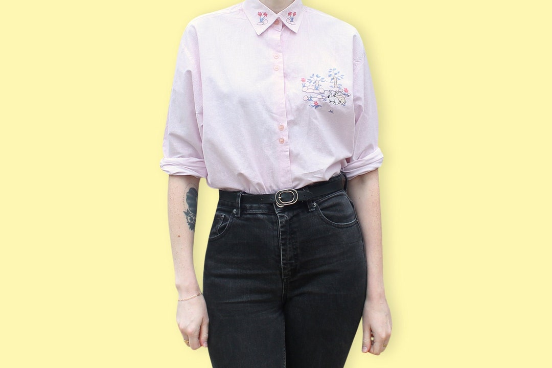 90s Pastel Pink Gingham Shirt Preppy Embroidered Rabbits Shirt