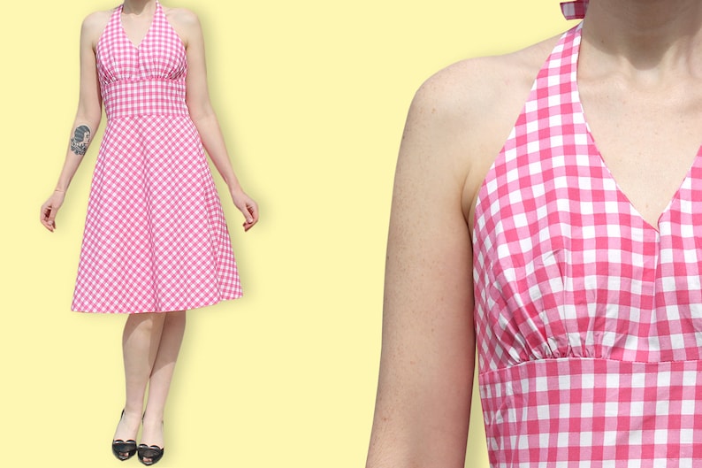 May include: A pink and white gingham halter dress with a fitted bodice and a full skirt.