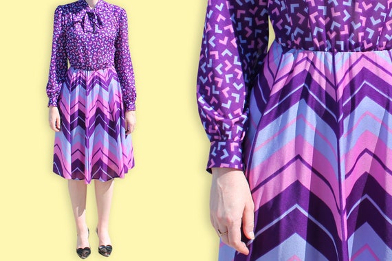 80s Pink Purple & Blue Memphis Print Dress - Asco… - image 1