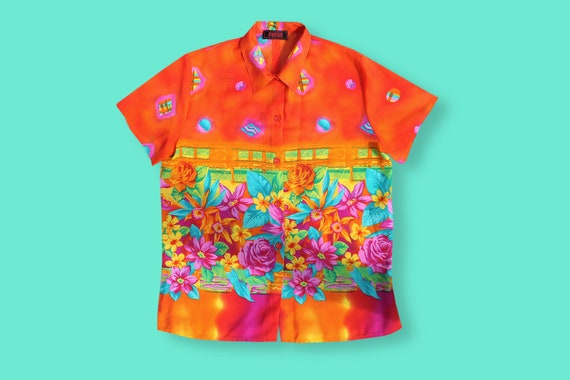 90s Tropical Sheer Shirt - Neon Barkcloth Chiffon… - image 7