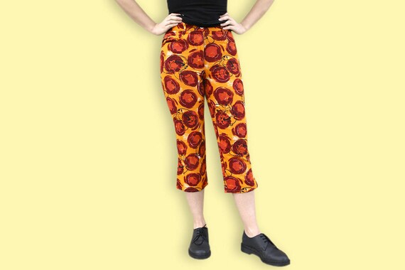 90s Marsupilami Capri Pants - Orange & Brown Cartoon Linen Pants - High Waist Club Kid Animal Print Pants - Novelty Print Vaporwave Capri