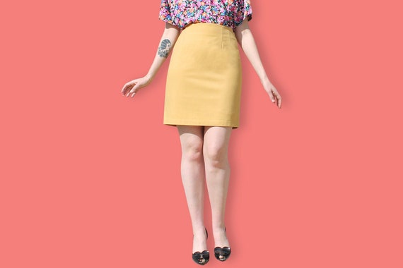 80s Yellow Mini Pencil Skirt - Office Mini Sheath… - image 1